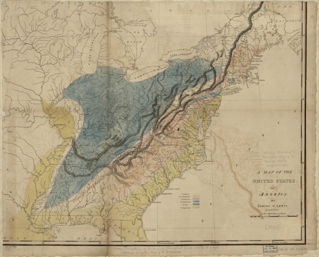 Maclure’s geological map of the United States, showing regions differentiated by geology.