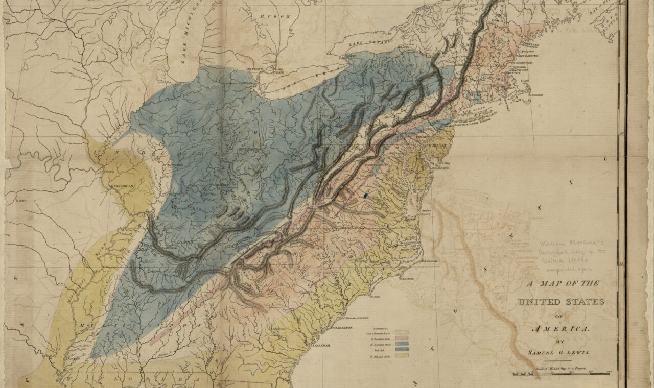 Maclure’s geological map of the United States, showing regions differentiated by geology.