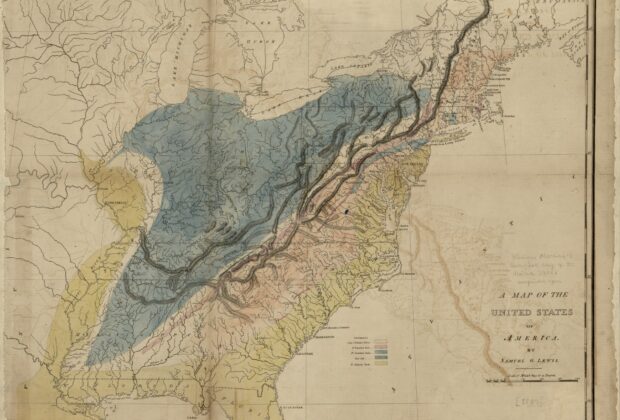 Maclure’s geological map of the United States, showing regions differentiated by geology.