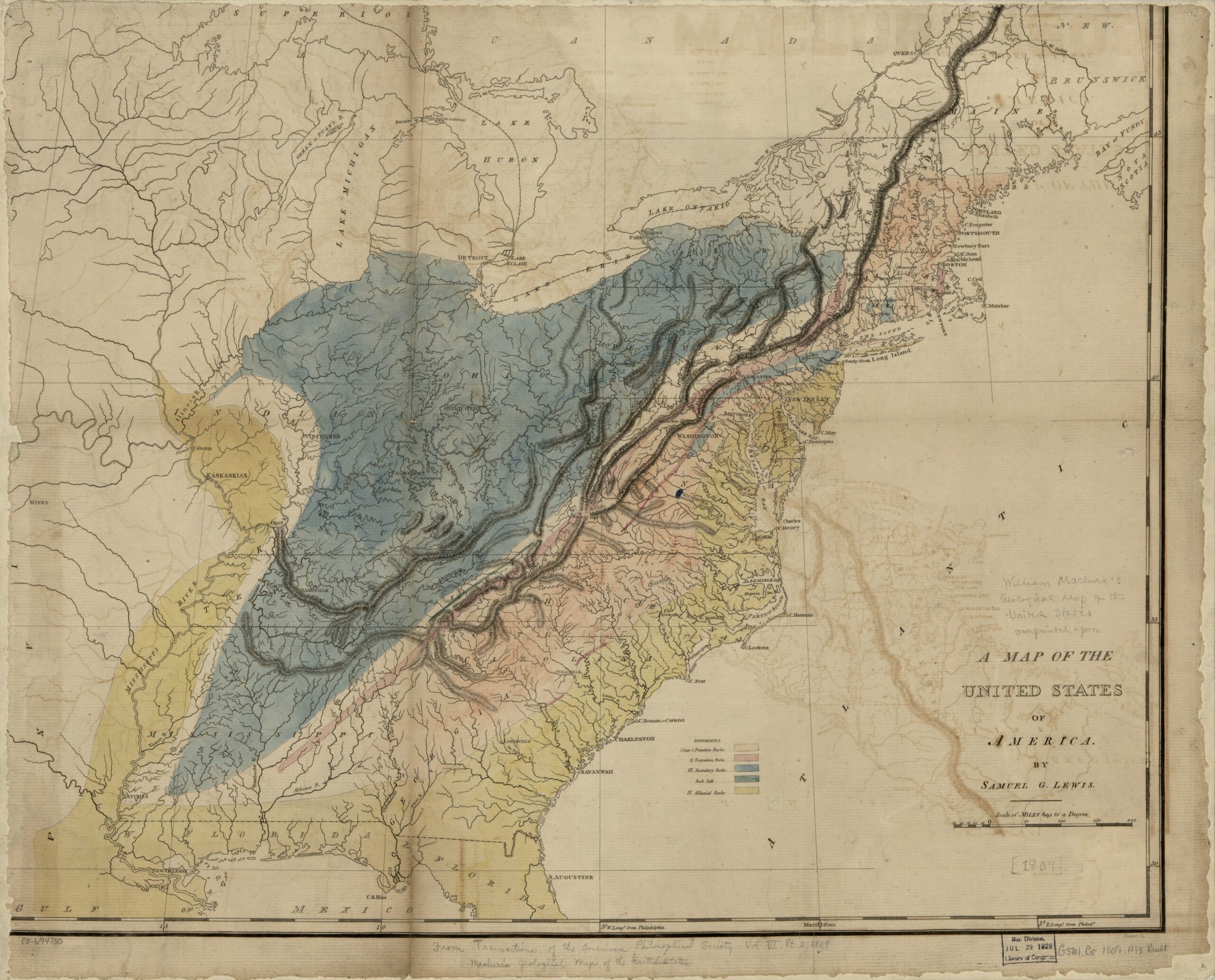 Maclure’s geological map of the United States, showing regions differentiated by geology.