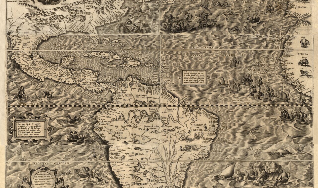 Diego Gutiérrez’s 1562 map of the Americas, with ships, sea creatures and decorative emblems.