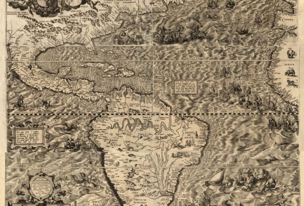 Diego Gutiérrez’s 1562 map of the Americas, with ships, sea creatures and decorative emblems.