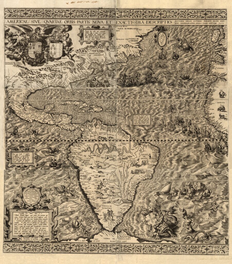 Diego Gutiérrez’s 1562 map of the Americas, with ships, sea creatures and decorative emblems.