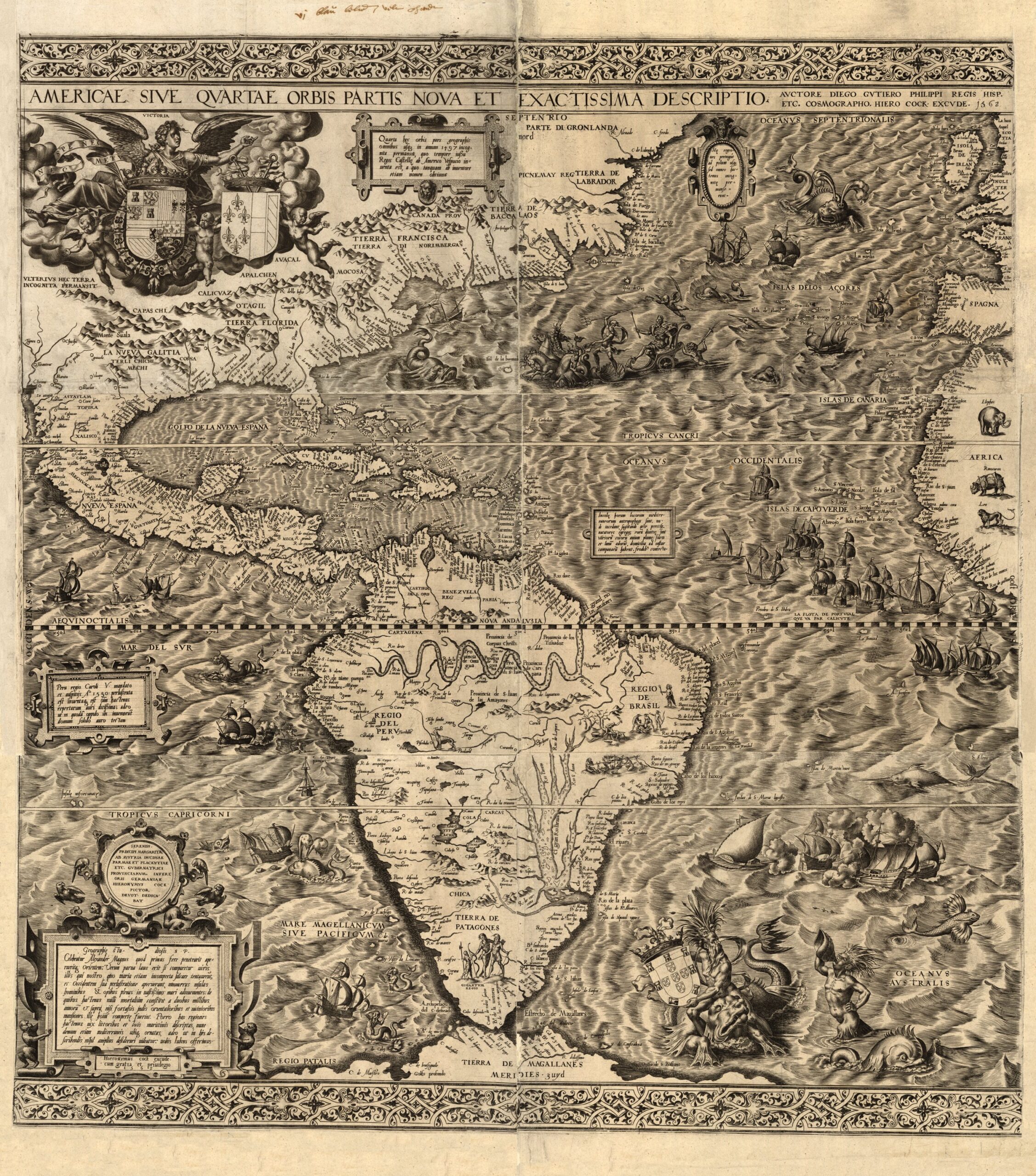 Diego Gutiérrez’s 1562 map of the Americas, with ships, sea creatures and decorative emblems.