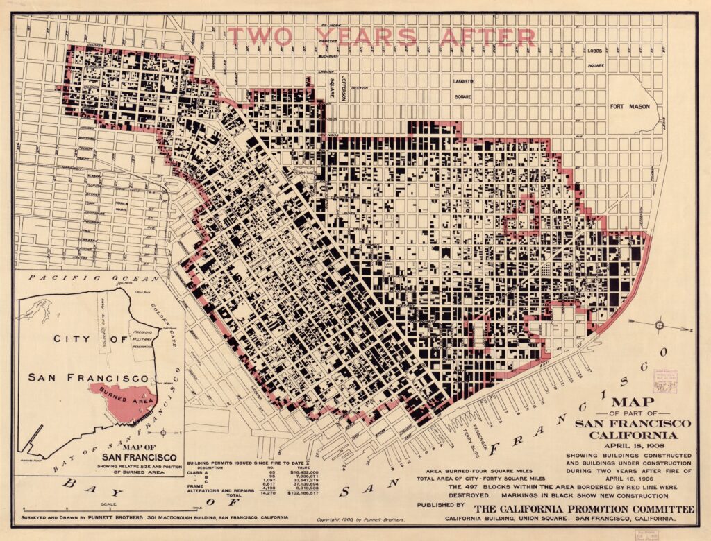 1908 map of San Francisco showing buildings completed or under construction after the 1906 fire.