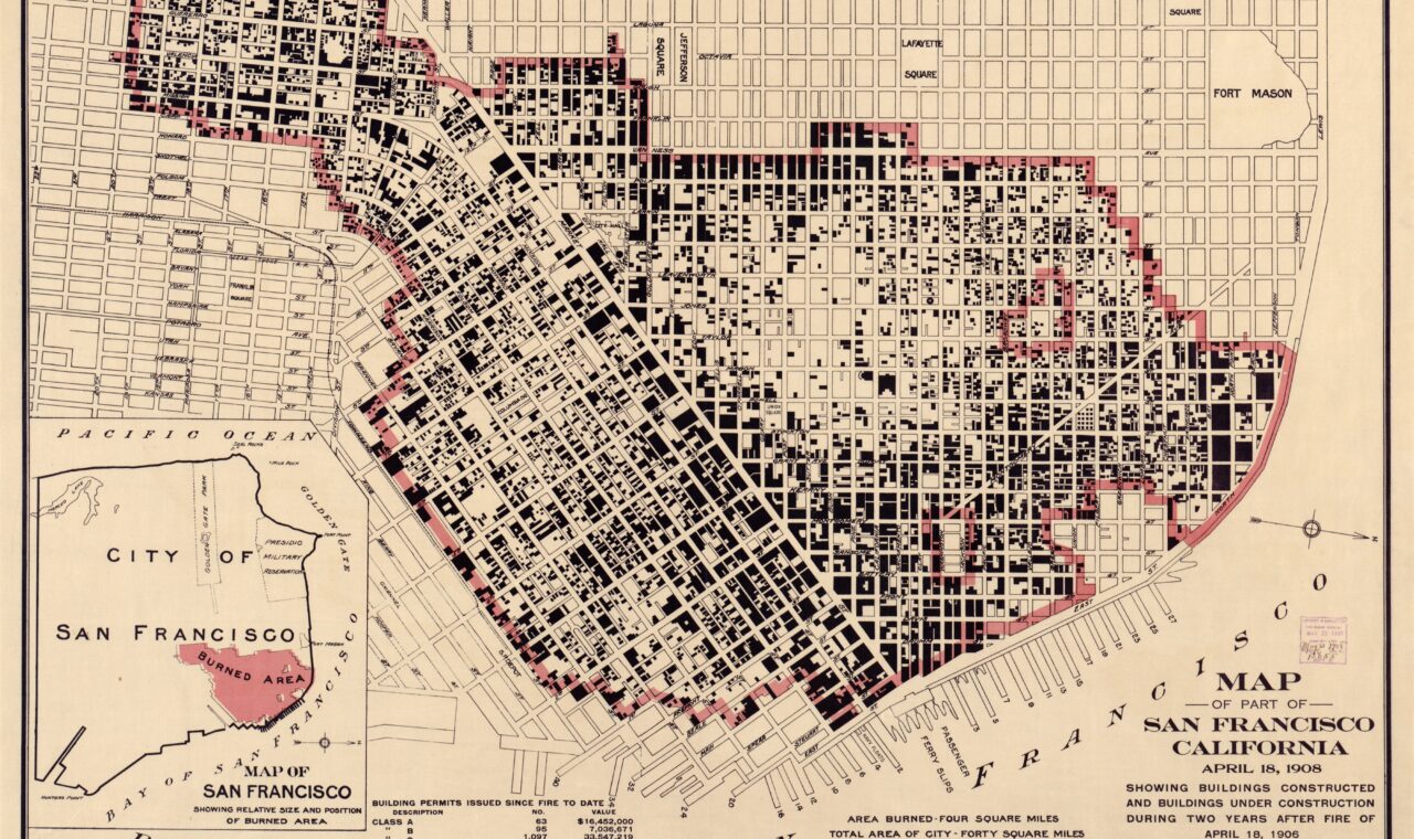 1908 map of San Francisco showing buildings completed or under construction after the 1906 fire.