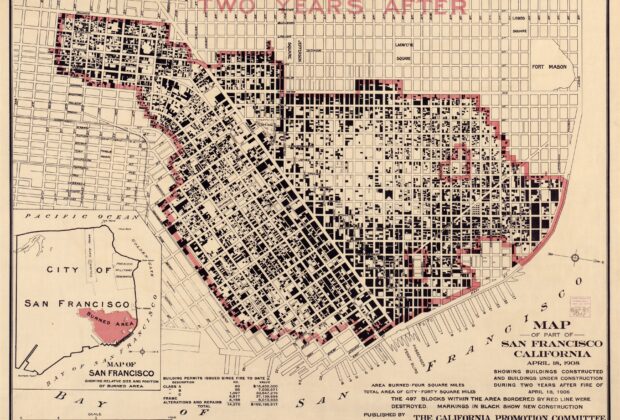 1908 map of San Francisco showing buildings completed or under construction after the 1906 fire.