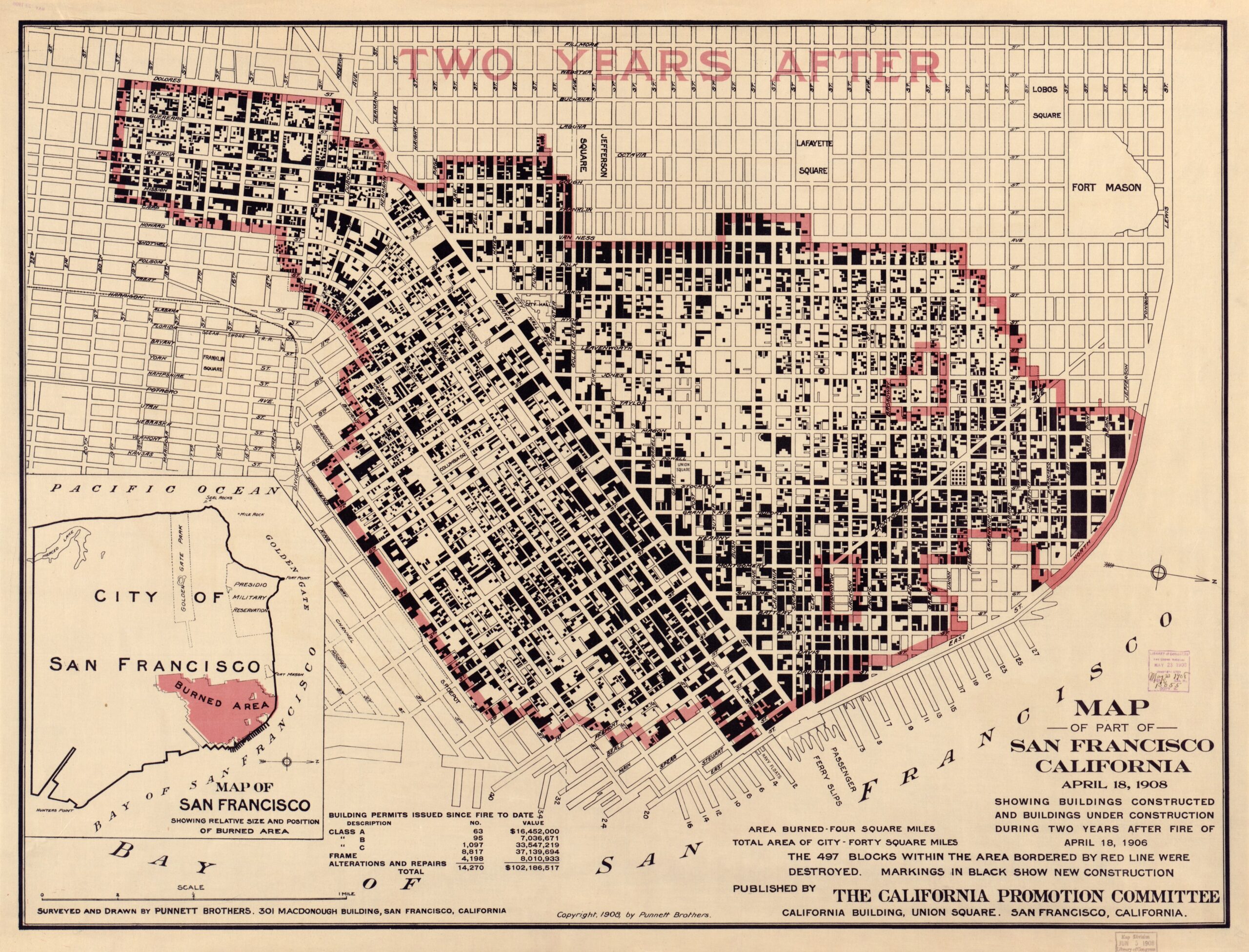 1908 map of San Francisco showing buildings completed or under construction after the 1906 fire.