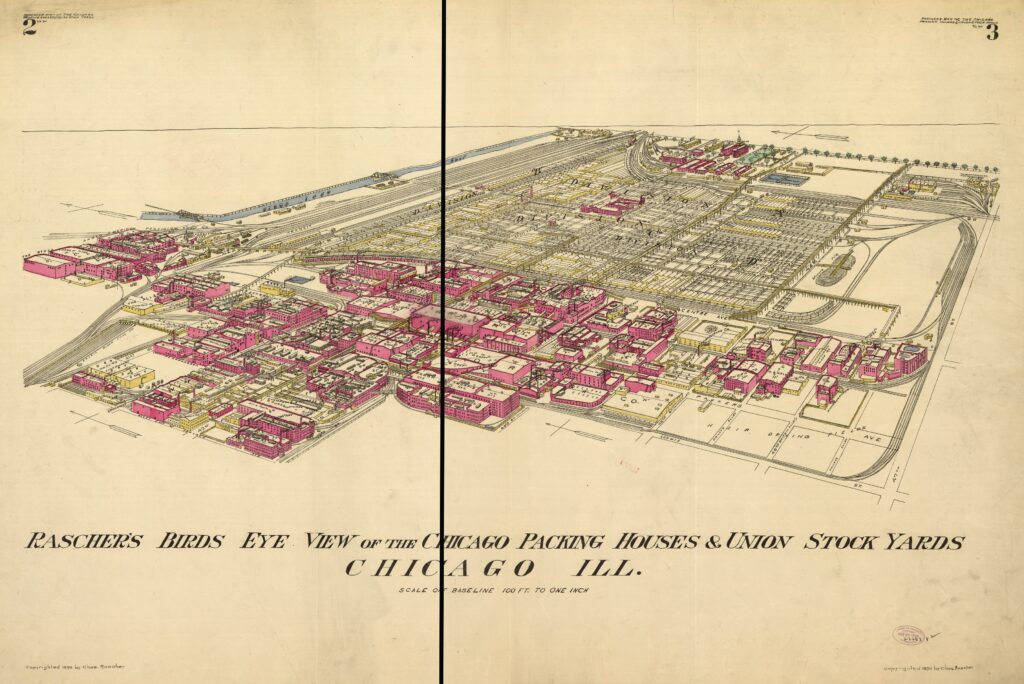 Bird’s-eye view of Chicago packing houses and Union Stock Yards, with buildings, rail lines and livestock pens.