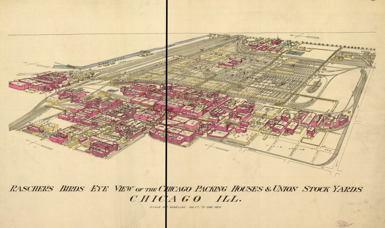 Bird’s-eye view of Chicago packing houses and Union Stock Yards, with buildings, rail lines and livestock pens.