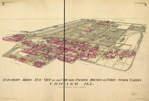Bird’s-eye view of Chicago packing houses and Union Stock Yards, with buildings, rail lines and livestock pens.
