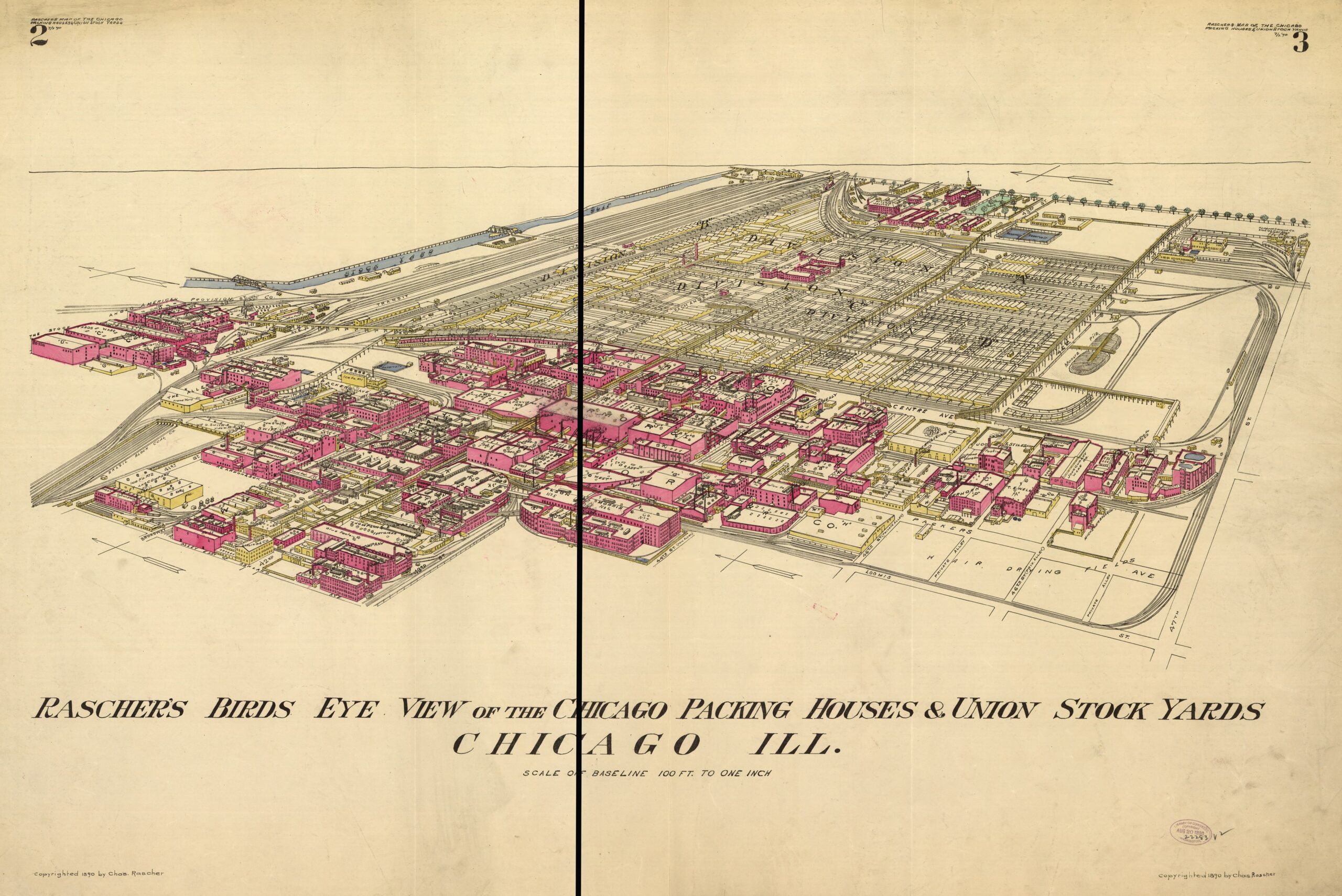 Bird’s-eye view of Chicago packing houses and Union Stock Yards, with buildings, rail lines and livestock pens.
