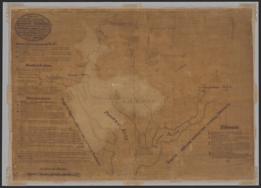 Faded original 1791 manuscript plan for Washington, D.C., with streets, diagonal avenues and government sites.