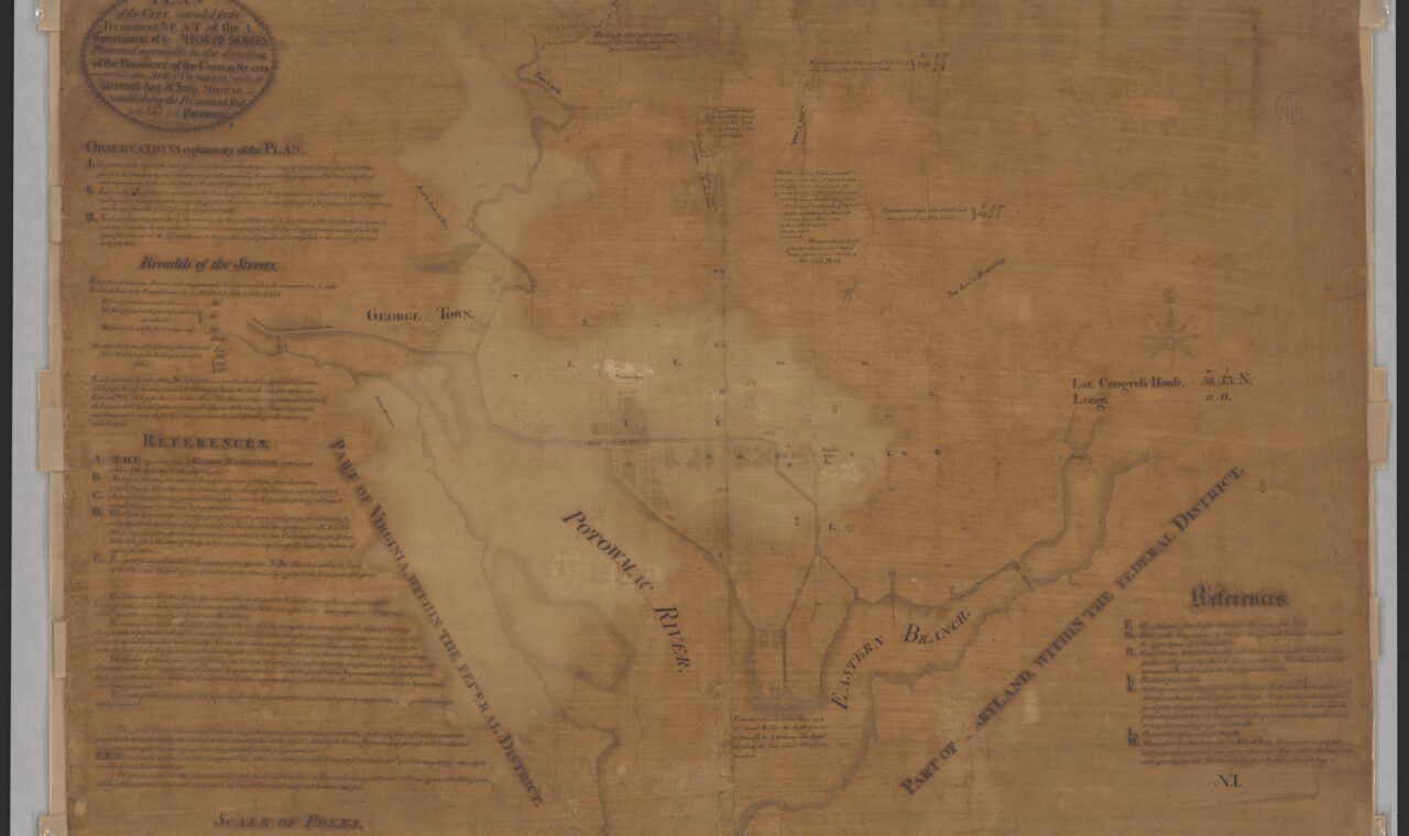 Faded original 1791 manuscript plan for Washington, D.C., with streets, diagonal avenues and government sites.