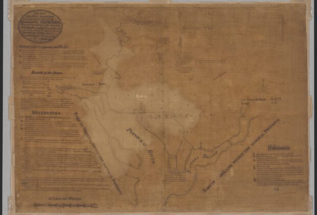 Faded original 1791 manuscript plan for Washington, D.C., with streets, diagonal avenues and government sites.