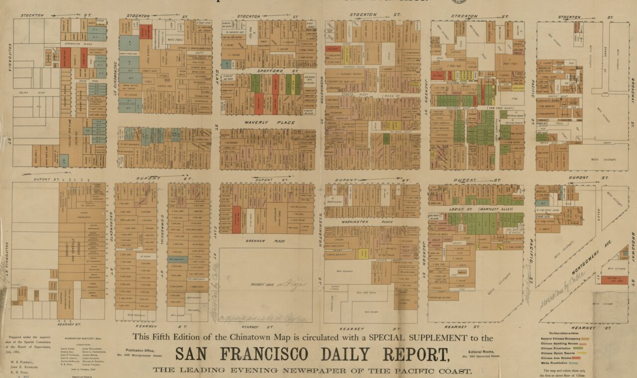 Historical map of San Francisco’s Chinatown, showing streets, buildings and color-coded street-floor classifications.