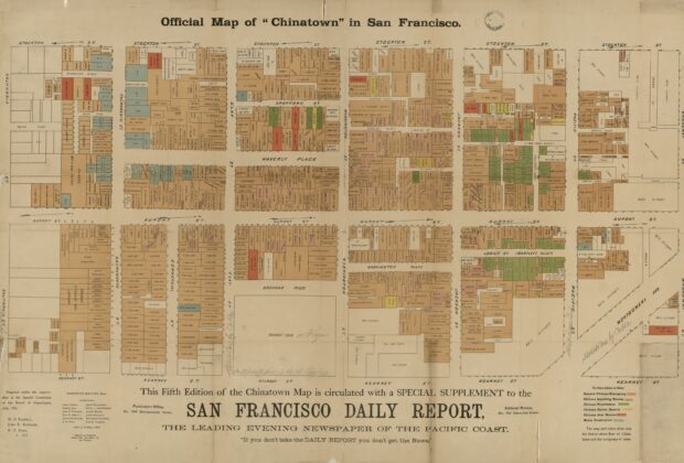 Historical map of San Francisco’s Chinatown, showing streets, buildings and color-coded street-floor classifications.