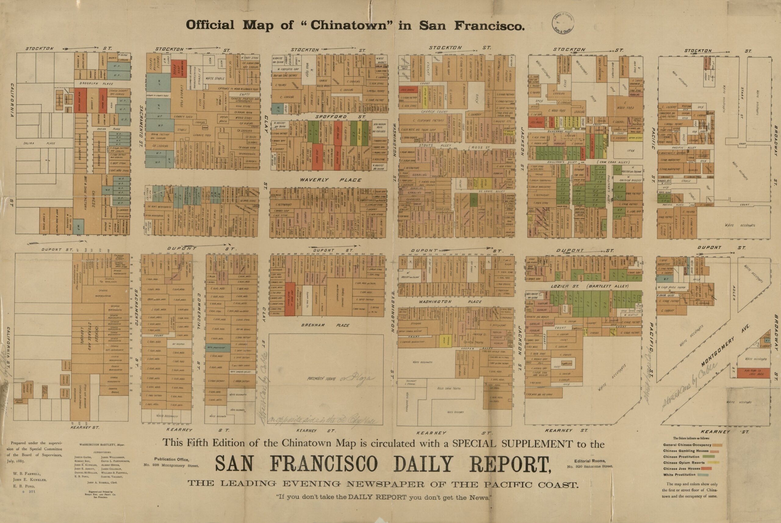 Historical map of San Francisco’s Chinatown, showing streets, buildings and color-coded street-floor classifications.