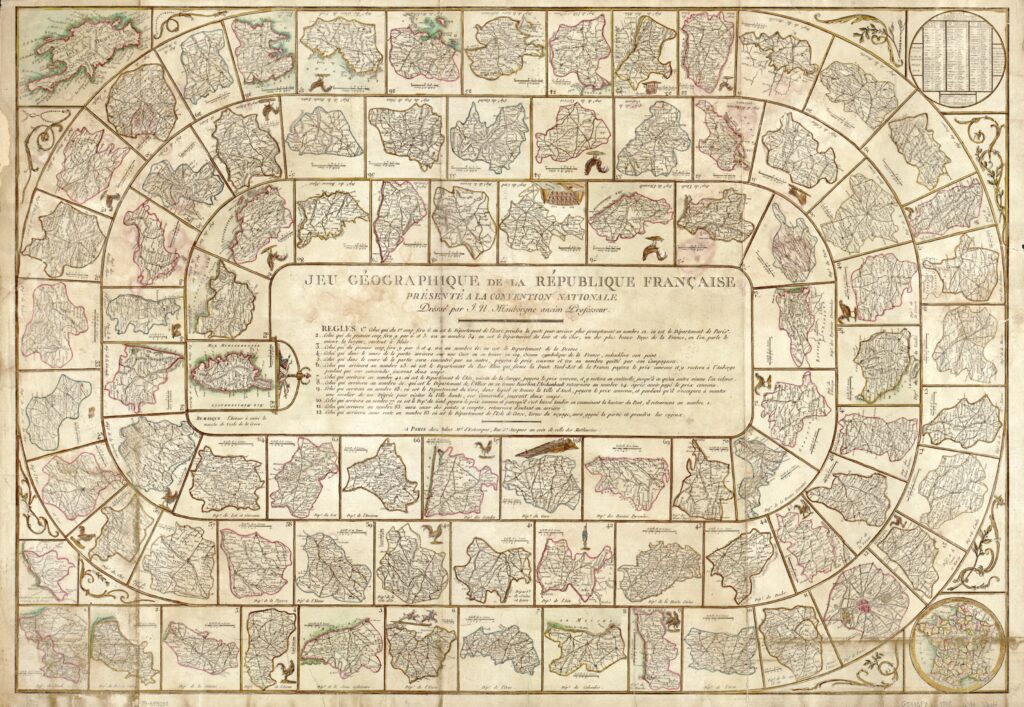 French Republic geography game board, with a map of France surrounded by numbered spaces and printed rules.