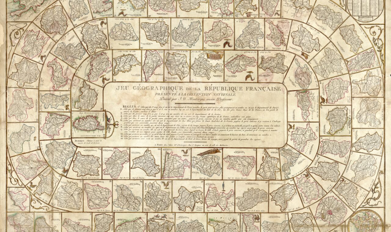 French Republic geography game board, with a map of France surrounded by numbered spaces and printed rules.