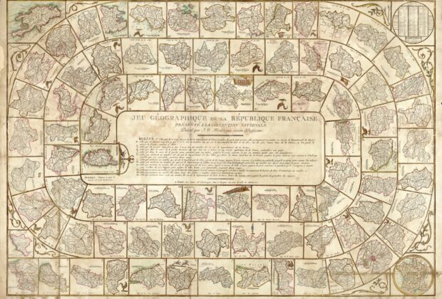 French Republic geography game board, with a map of France surrounded by numbered spaces and printed rules.